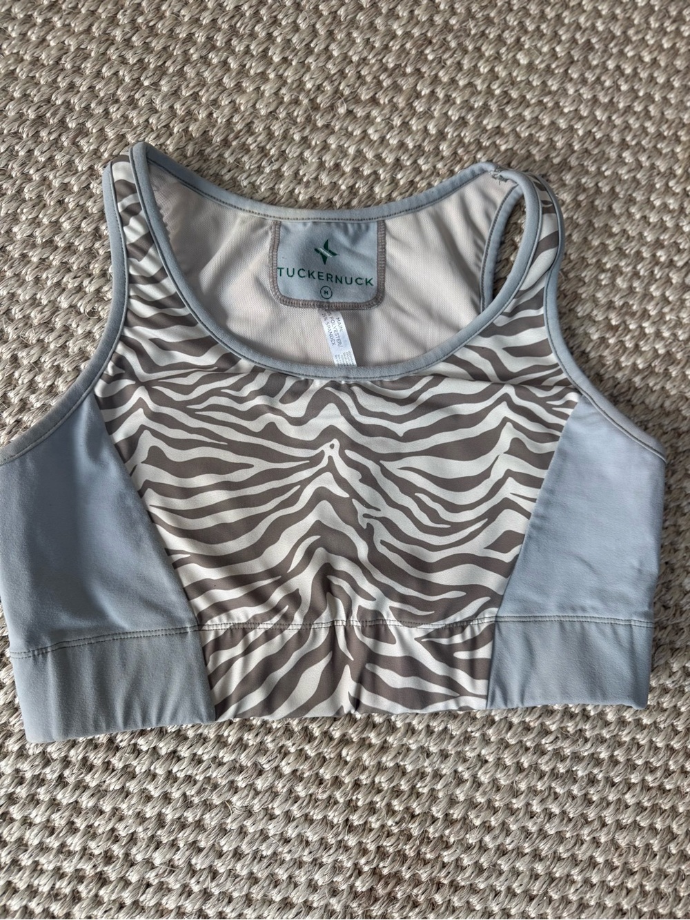 Tuckernuck Light Gray Zebra Print Sports Bra with Pale Gray Panels